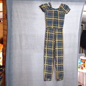 LOVE REP BLIC Big Girls Jumpsuit Yellow Plaid Cold Shoulder Size S (7-8).